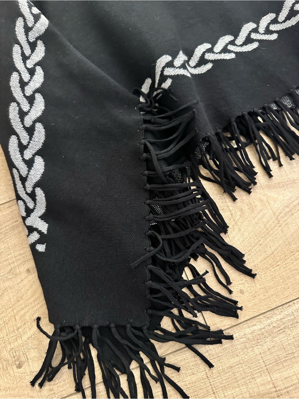 J. McLaughlin Black Fringe Poncho with Knit Braid Detail One Size - Picture 3 of 6